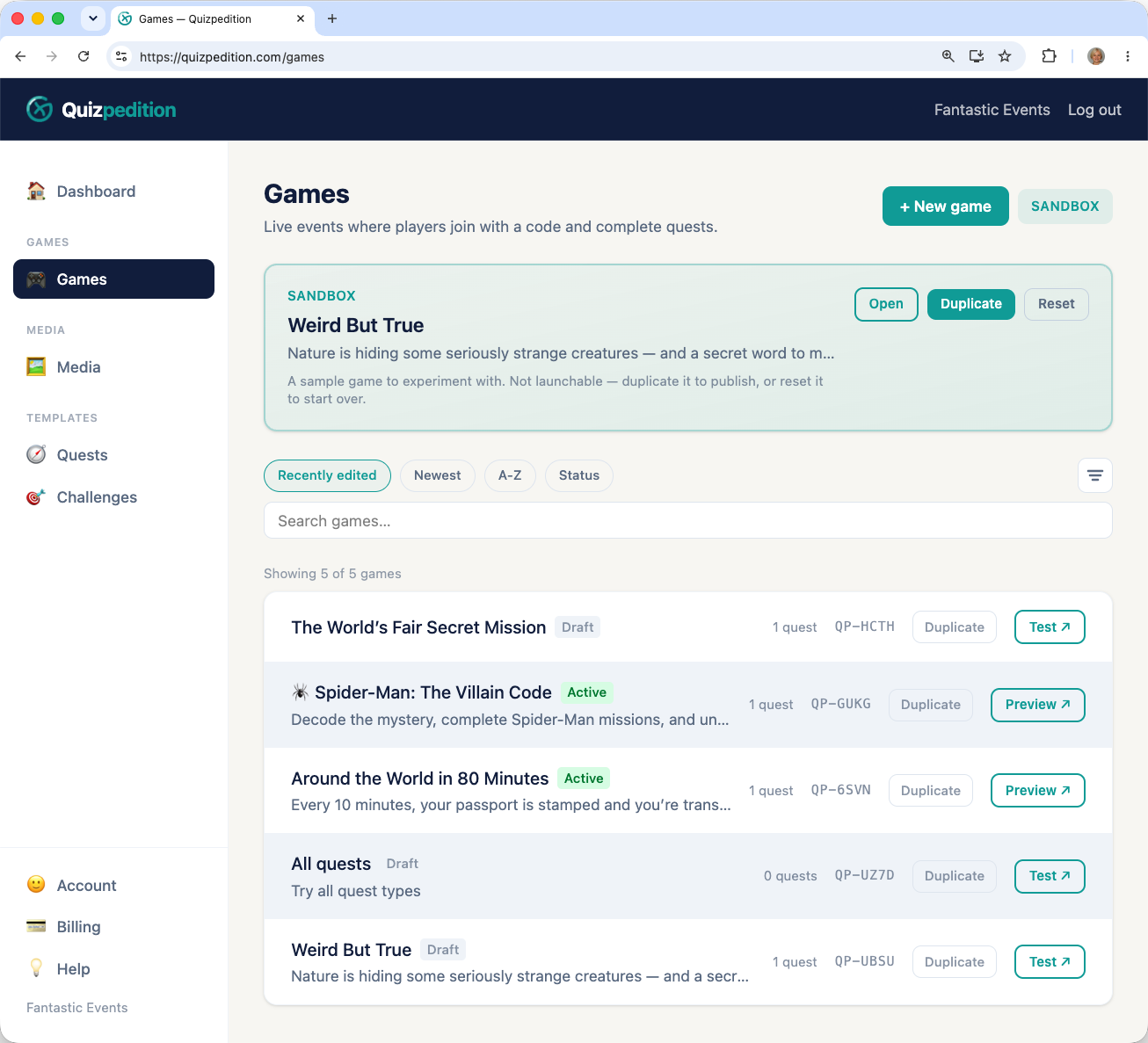 Quizpedition planner showing an agency's list of games with active status and duplicate/preview actions